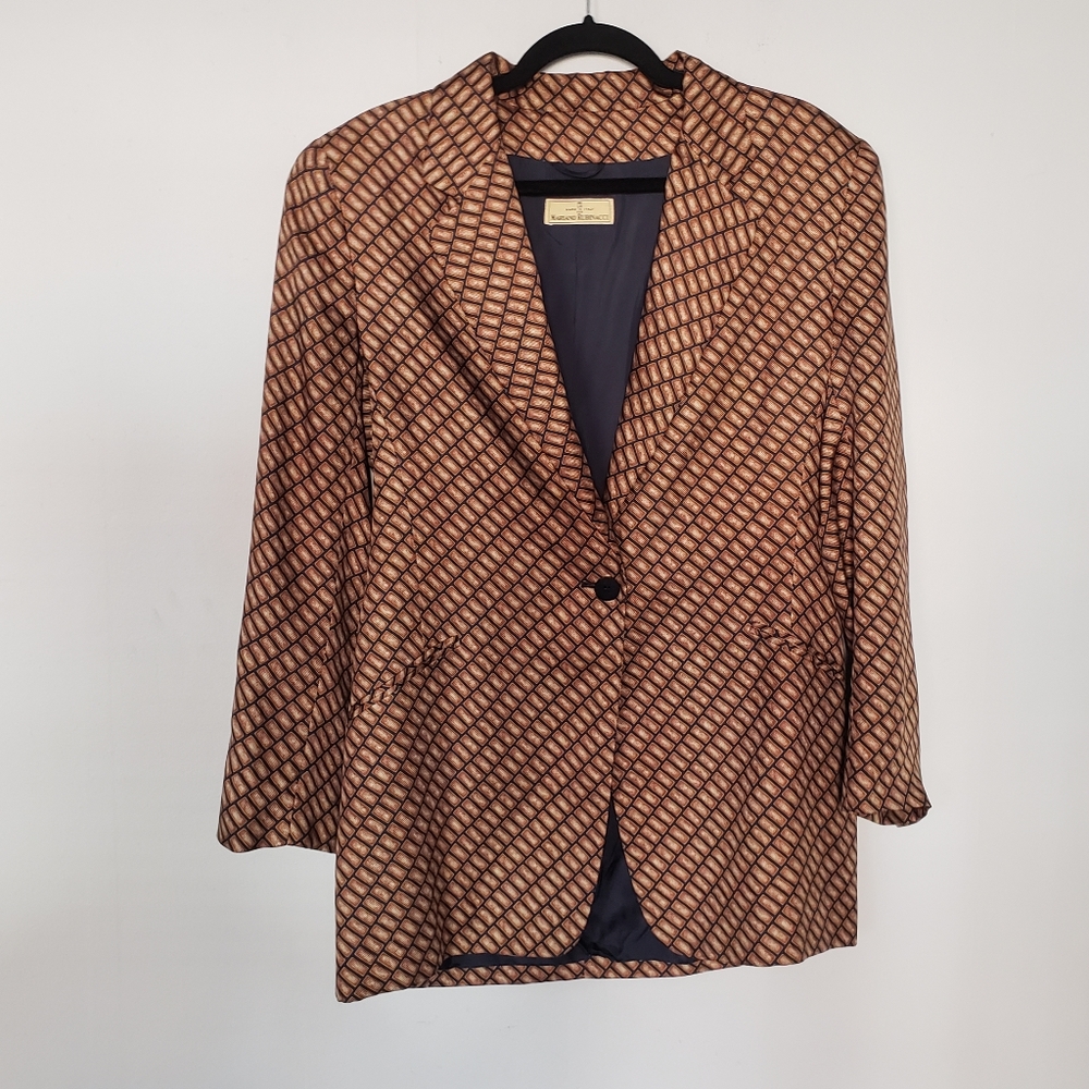 Vtg Silk Lapel Blazer 46/12 brown geometric 70's